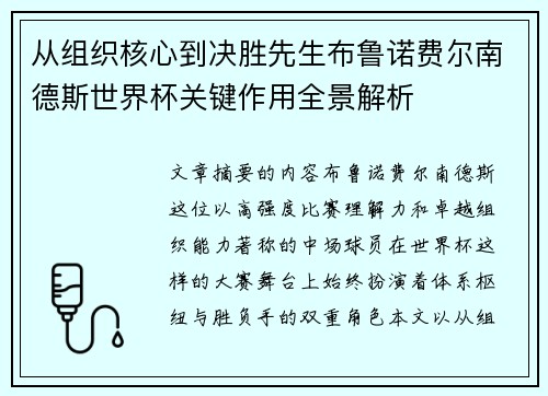 从组织核心到决胜先生布鲁诺费尔南德斯世界杯关键作用全景解析